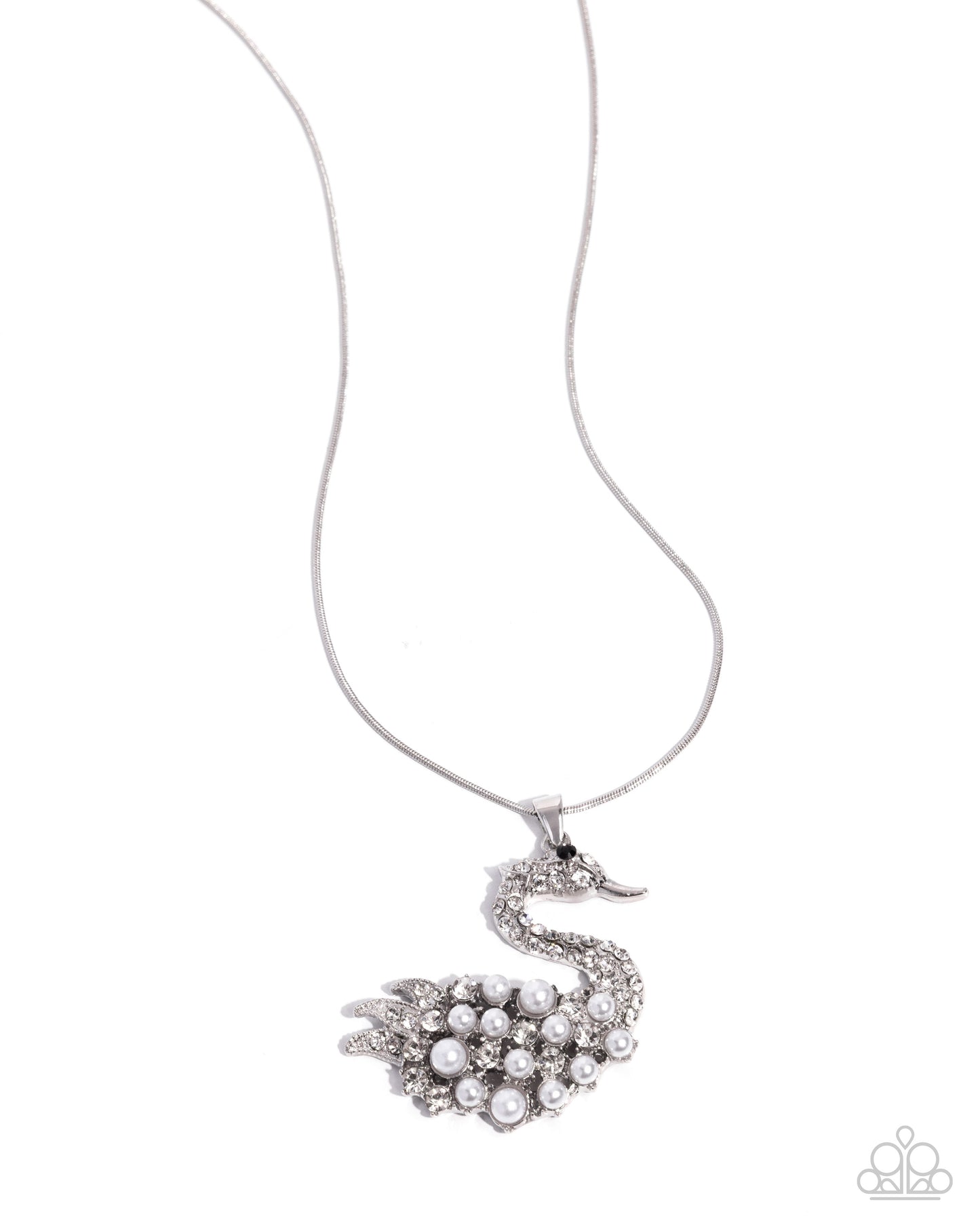 Swan Shimmer - White Pearl Rhinestones Swan Pendant Silver Short Necklace