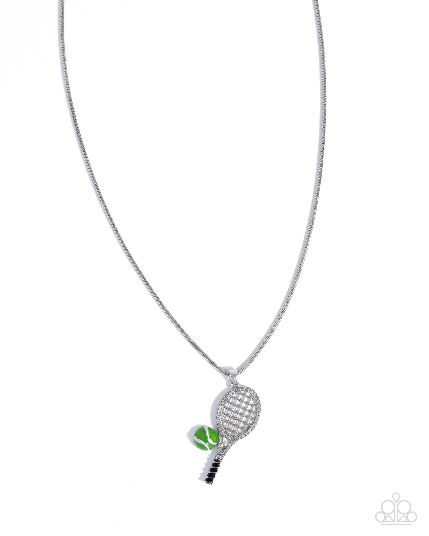 Tennis Champ - Green Tennis Ball Silver Racket Sports Short Necklace
