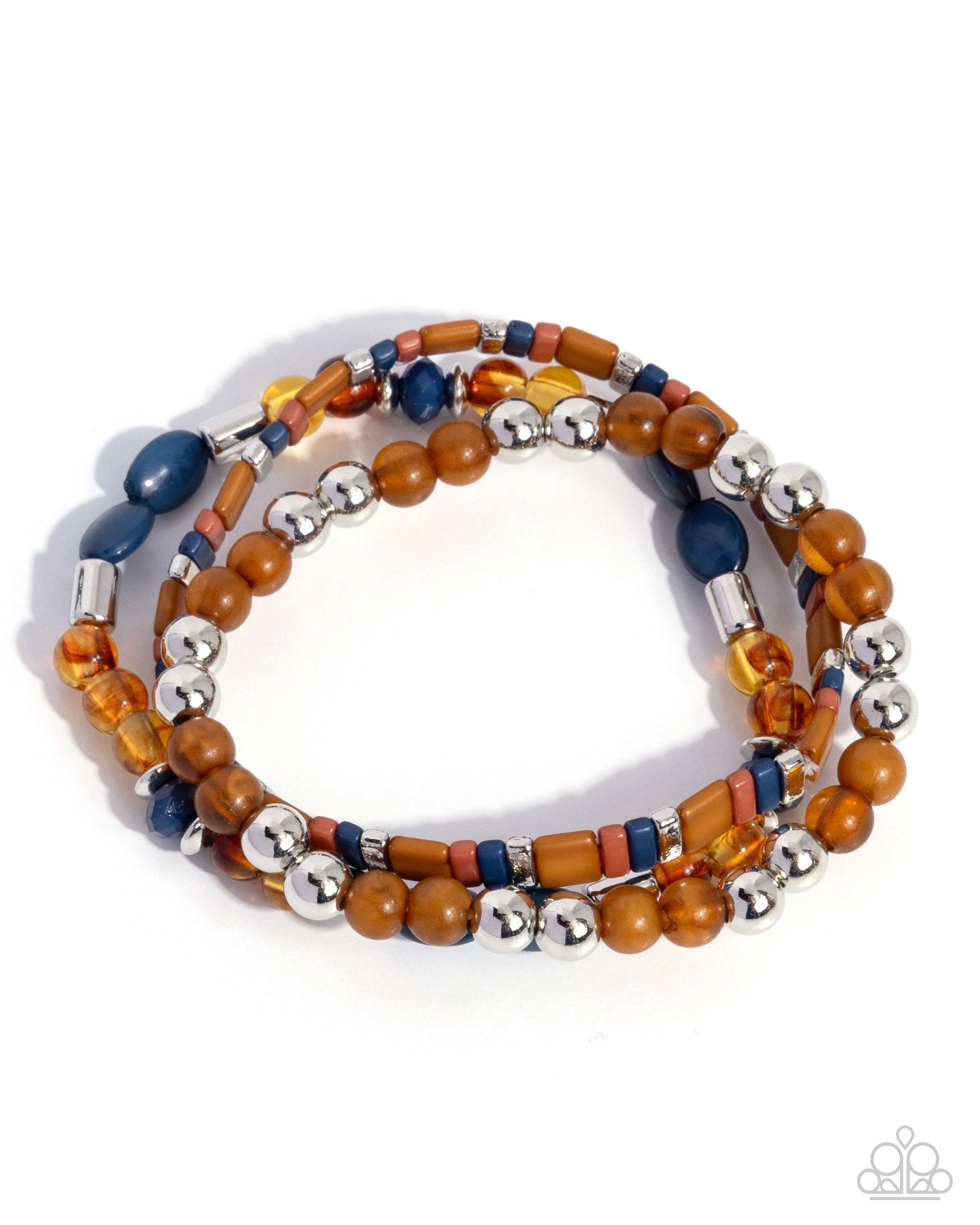 Sunset Stack - Blue Orange Brown Silver Bead Stretchy Bracelet Stack Set