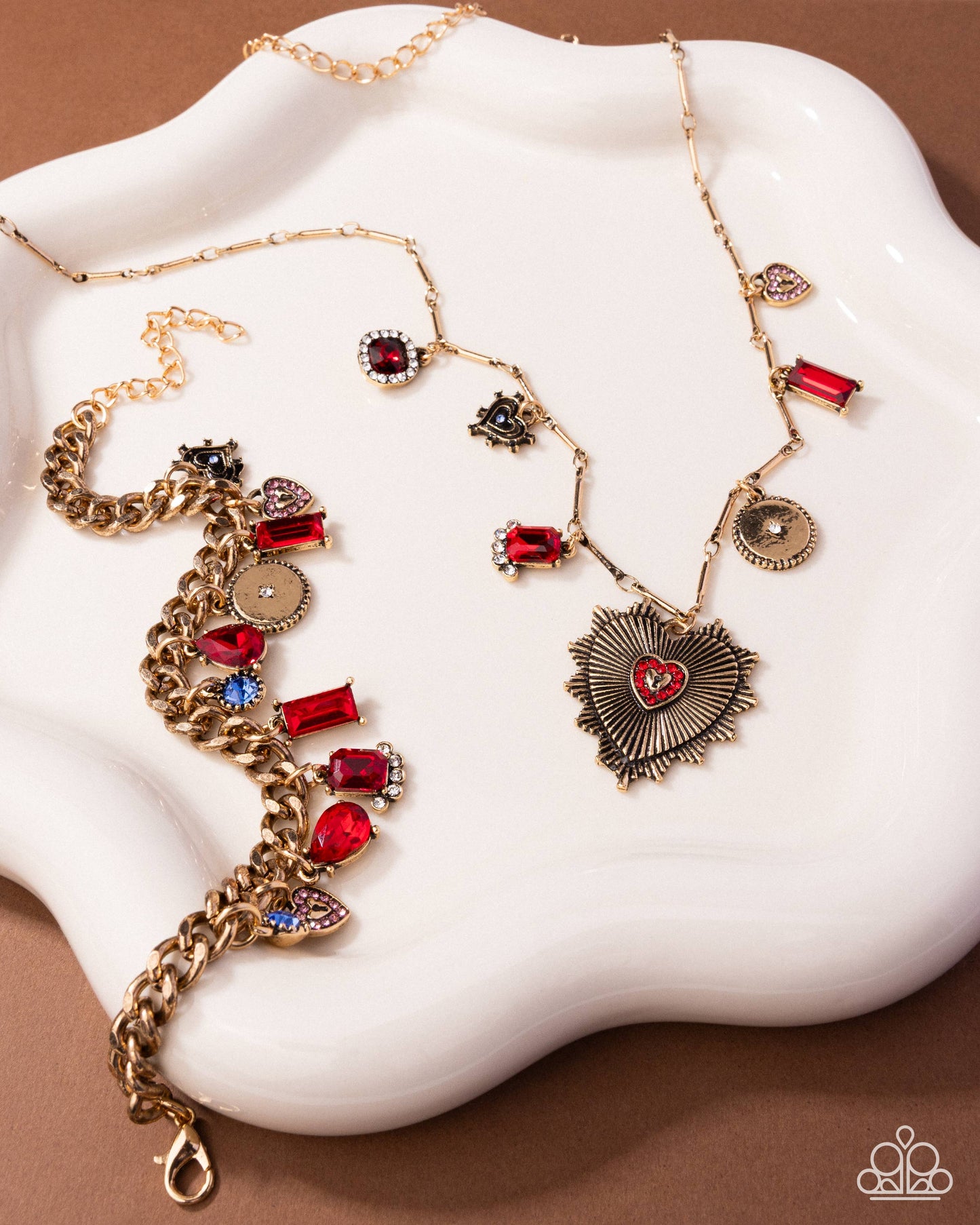 Fabulous Facade - Red Multi Heart Charms Red Gems White Rhinestones Gold Curb Short Necklace