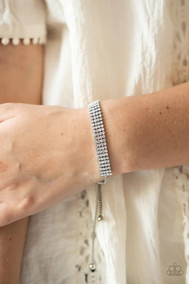 A DIAMOND a Dozen - White Rhinestone Silver Slide Pull Cord Bracelet