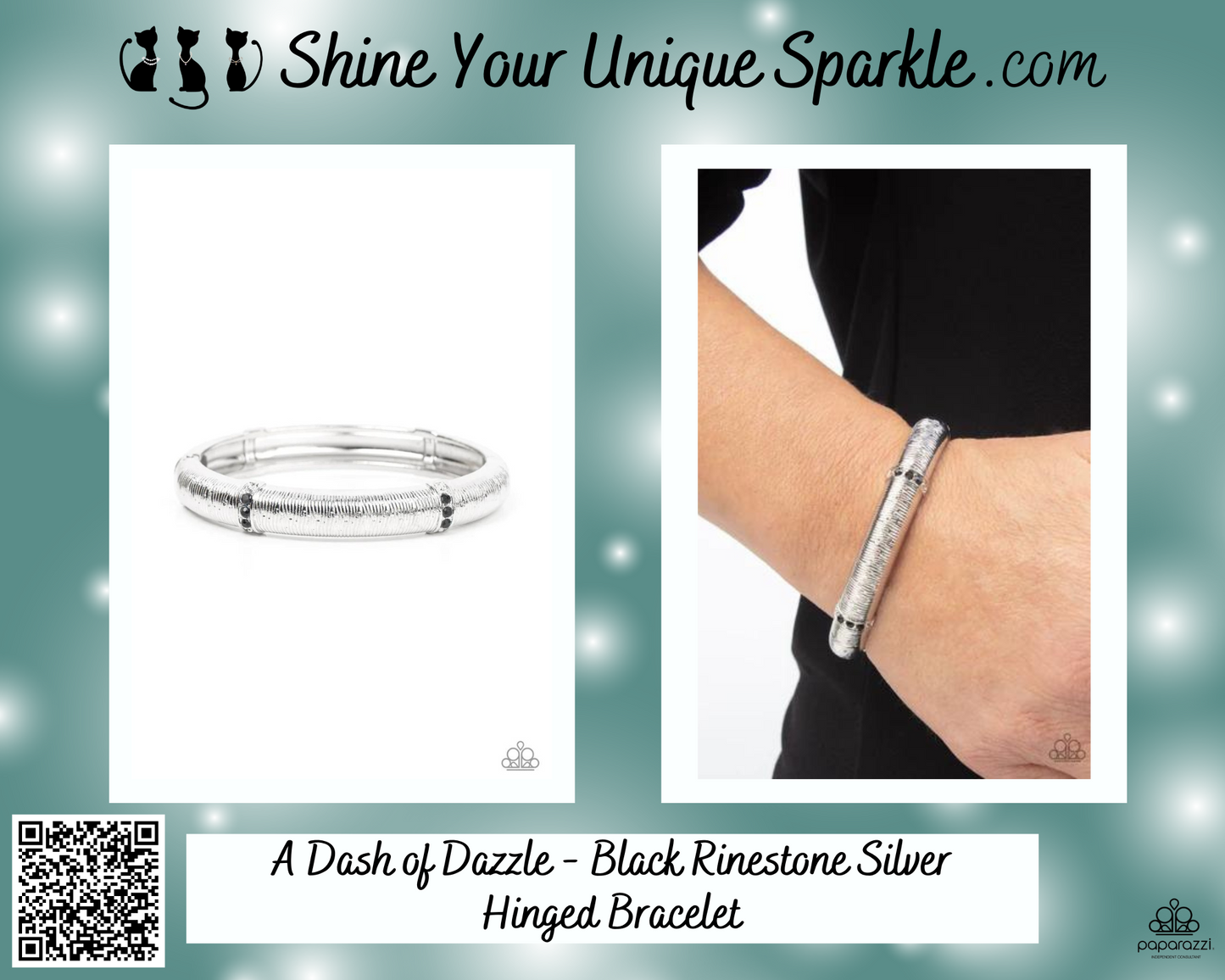A Dash of Dazzle - Black Rhinestone Silver Hinged Bracelet