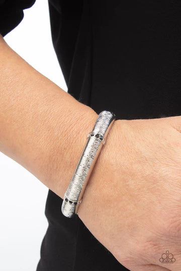 A Dash of Dazzle - Black Rhinestone Silver Hinged Bracelet