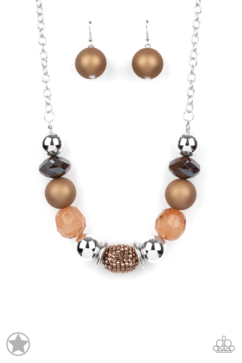 PERFECT MATCH / SET: A Warm Welcome - Copper, Brown and Silver Chunky Bead Short Necklace Blockbuster AND All Cozied Up - Copper, Brown and Silver Chunky Bead Stretchy Bracelet Blockbuster