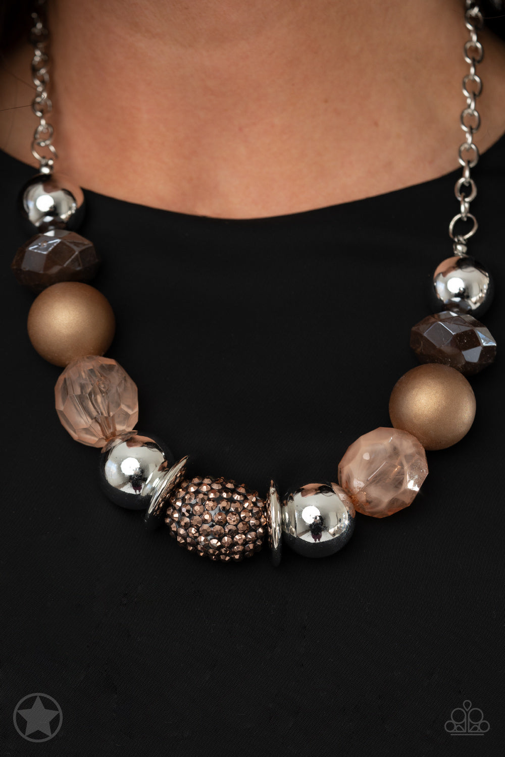 PERFECT MATCH / SET: A Warm Welcome - Copper, Brown and Silver Chunky Bead Short Necklace Blockbuster AND All Cozied Up - Copper, Brown and Silver Chunky Bead Stretchy Bracelet Blockbuster