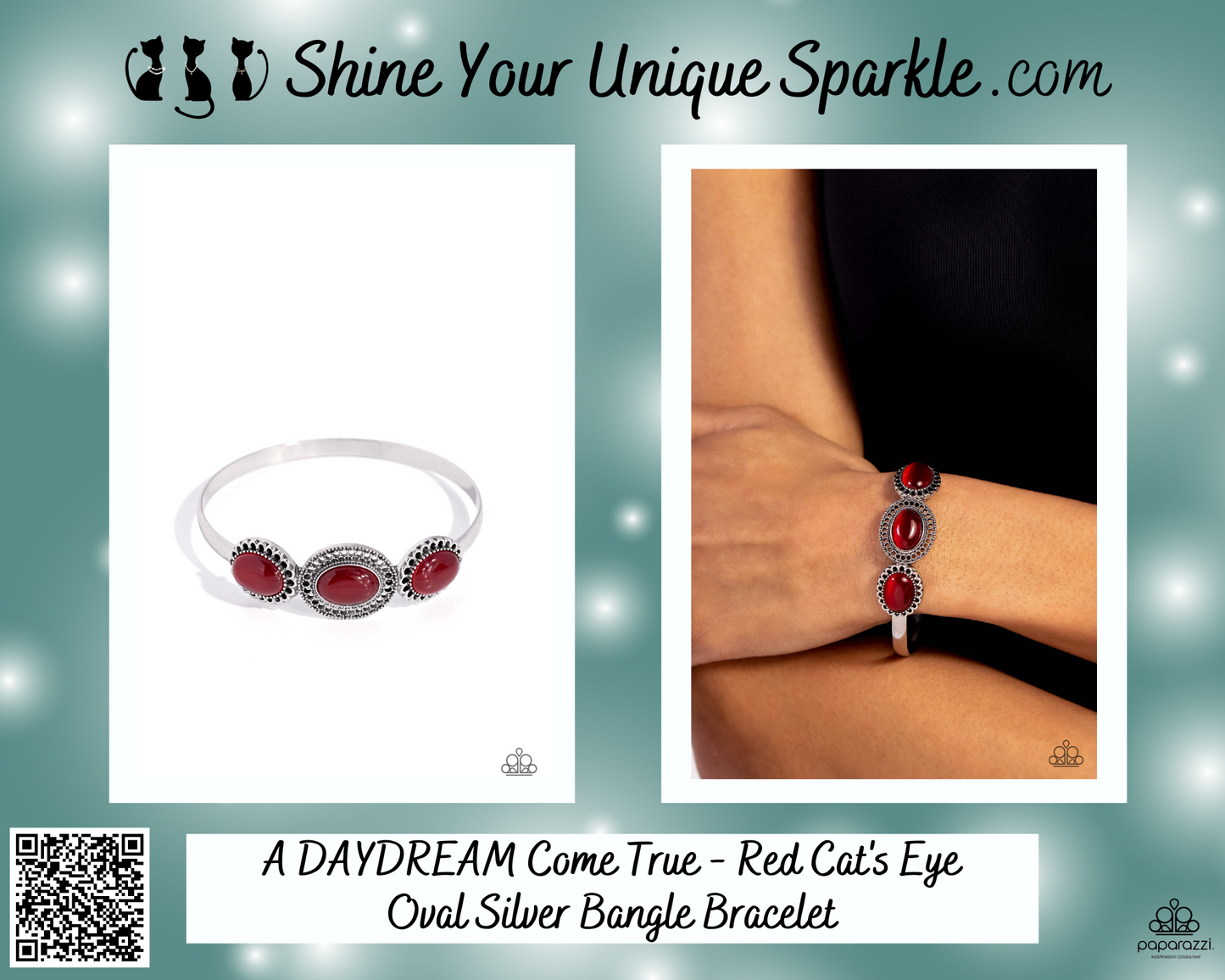 A DAYDREAM Come True - Red Cat's Eye Oval Silver Bangle Bracelet
