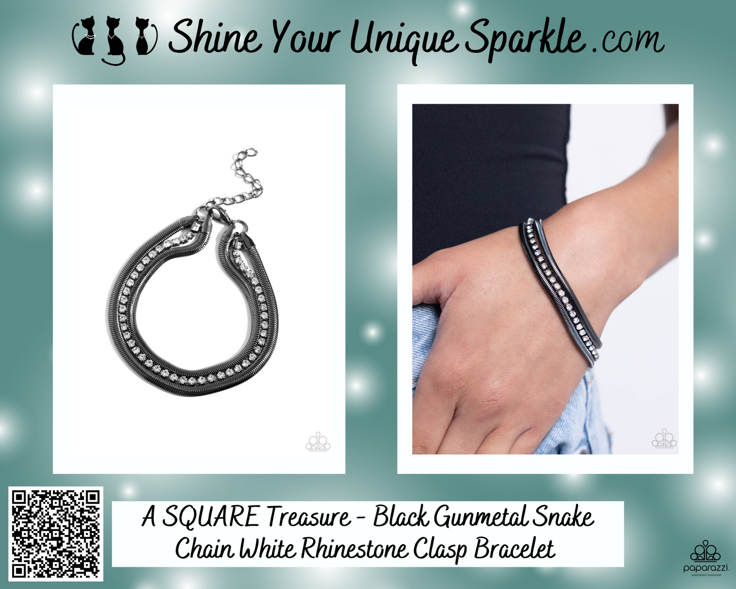 A SQUARE Treasure - Black Gunmetal Snake Chain White Rhinestone Clasp Bracelet