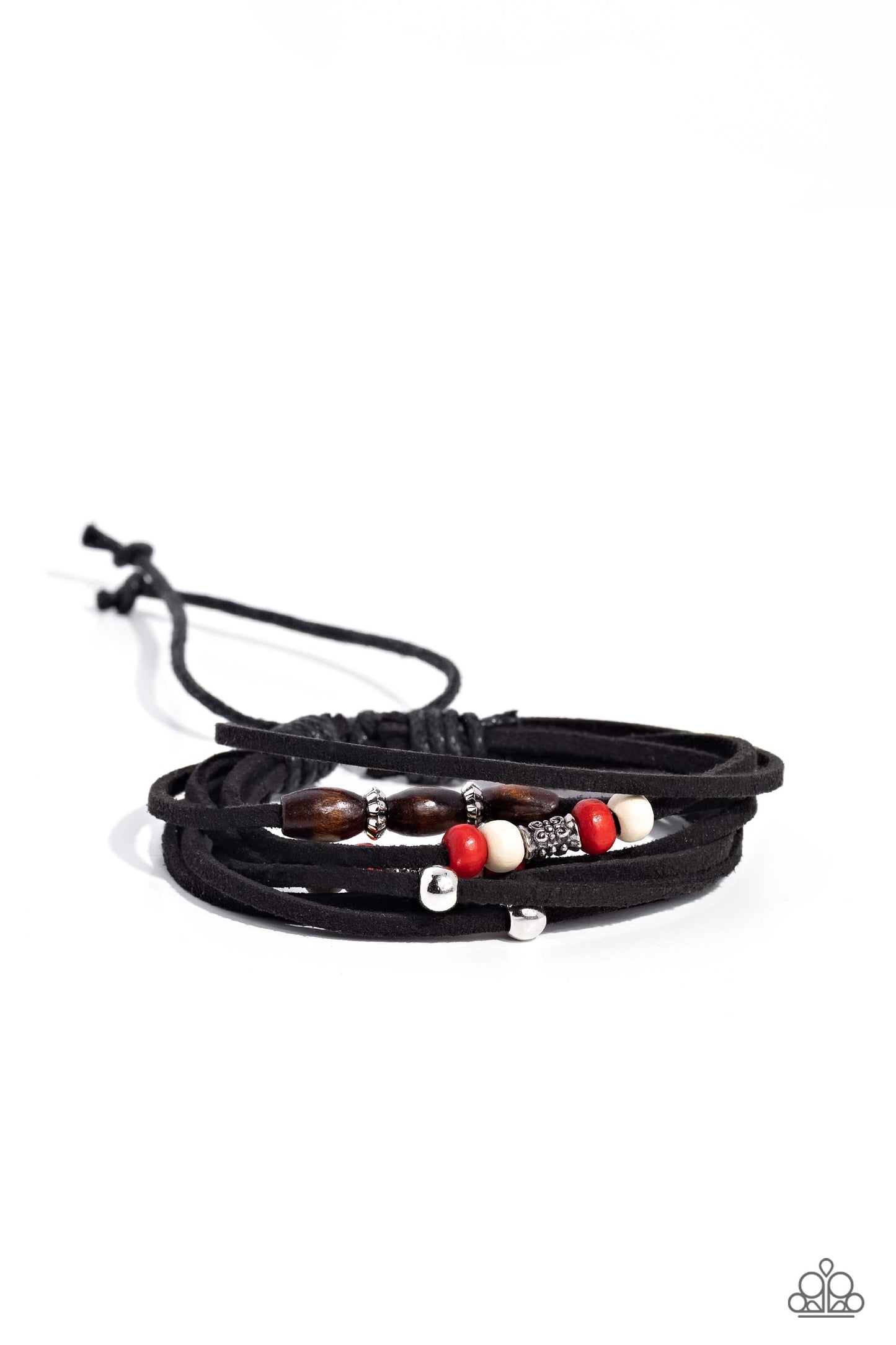 Absolutely WANDER-ful - Red and White Wooden Bead Black Leather Slide Bracelet
