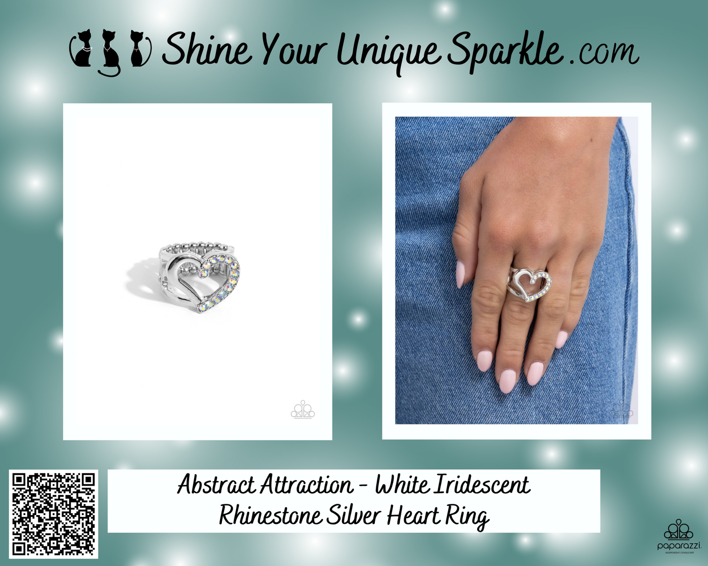 Abstract Attraction - White Iridescent Rhinestone Silver Heart Ring