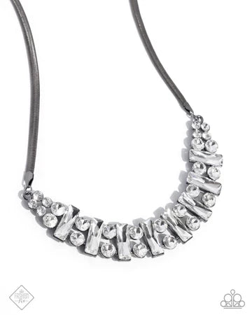 Adorably Assertive - Black Gunmetal White Gem Short Necklace - Fashion Fix