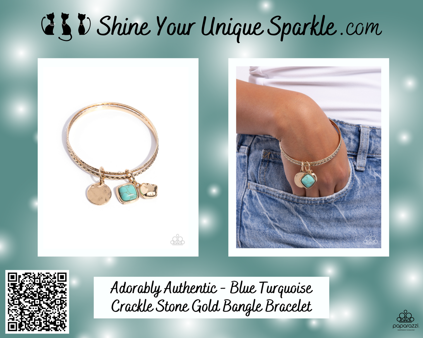 Adorably Authentic - Blue Turquoise Crackle Stone Gold Bangle Bracelet