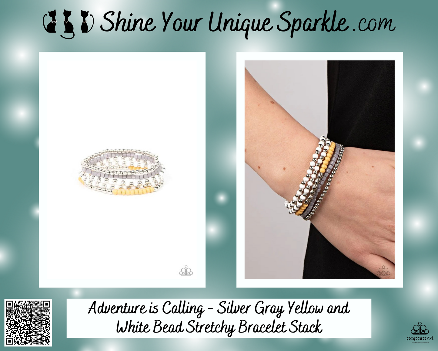 Adventure is Calling - Silver Gray Yellow and White Bead Stretchy Bracelet Stack