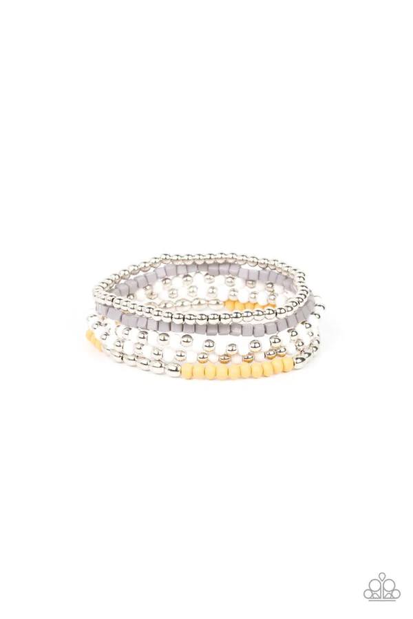 Adventure is Calling - Silver Gray Yellow and White Bead Stretchy Bracelet Stack