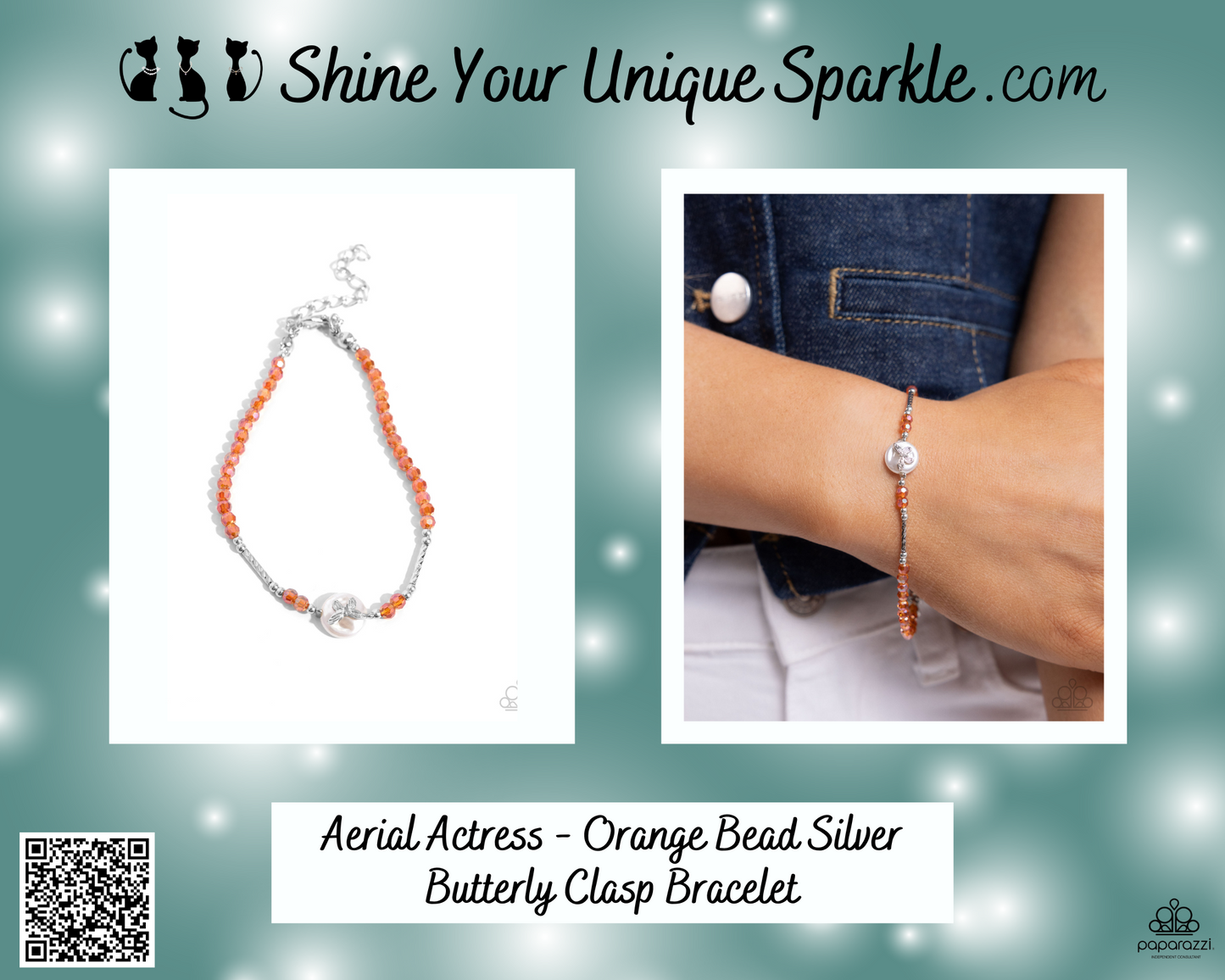 Aerial Actress - Orange Bead Silver Butterly Clasp Bracelet