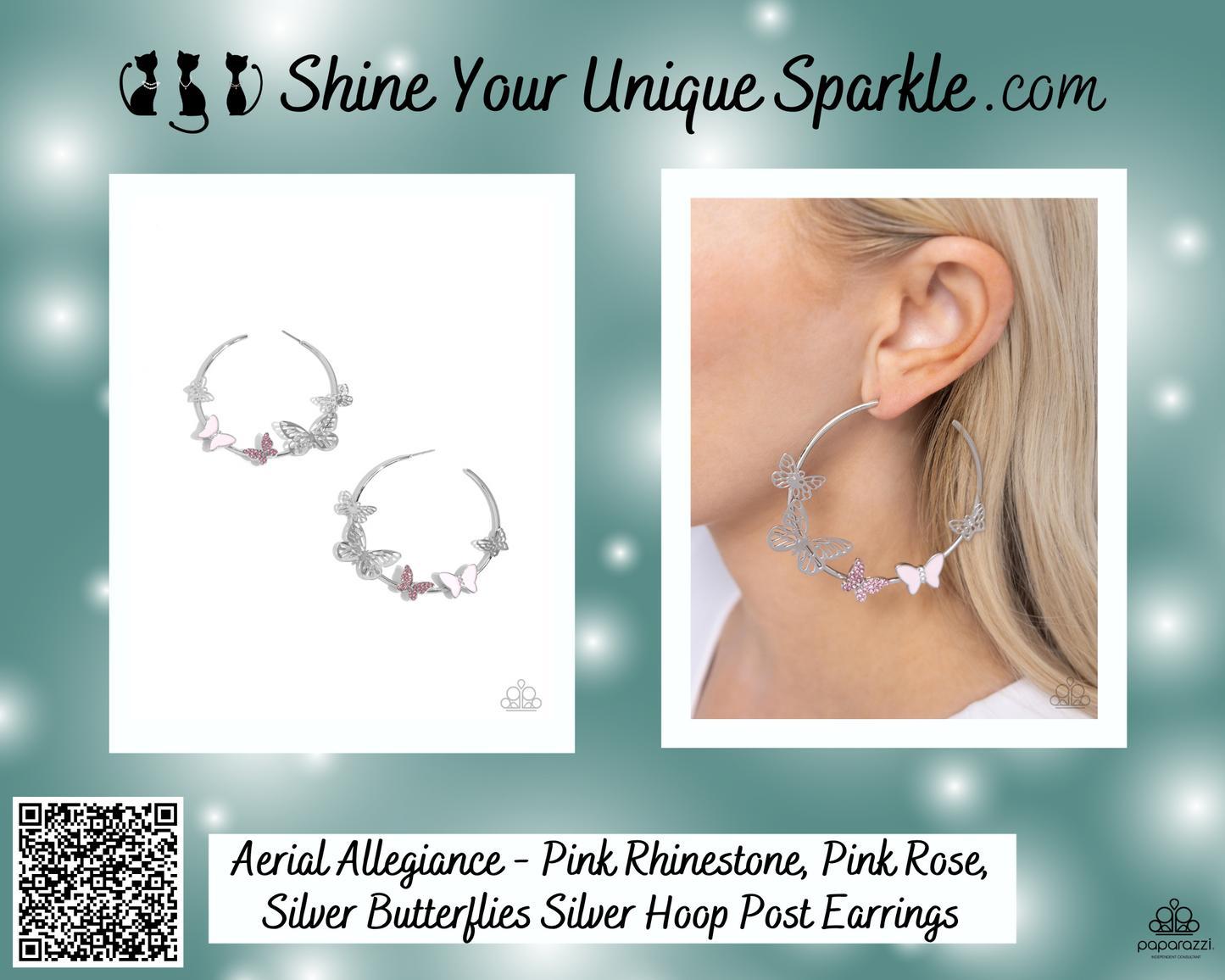 Aerial Allegiance - Pink Rhinestone, Pink Rose, Silver Butterflies Silver Hoop Post Earrings