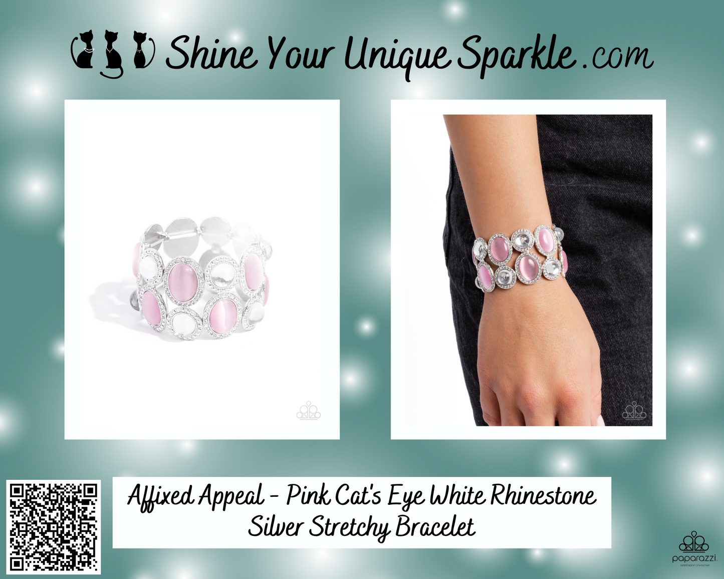 Affixed Appeal - Pink Cat's Eye White Rhinestone Silver Stretchy Bracelet