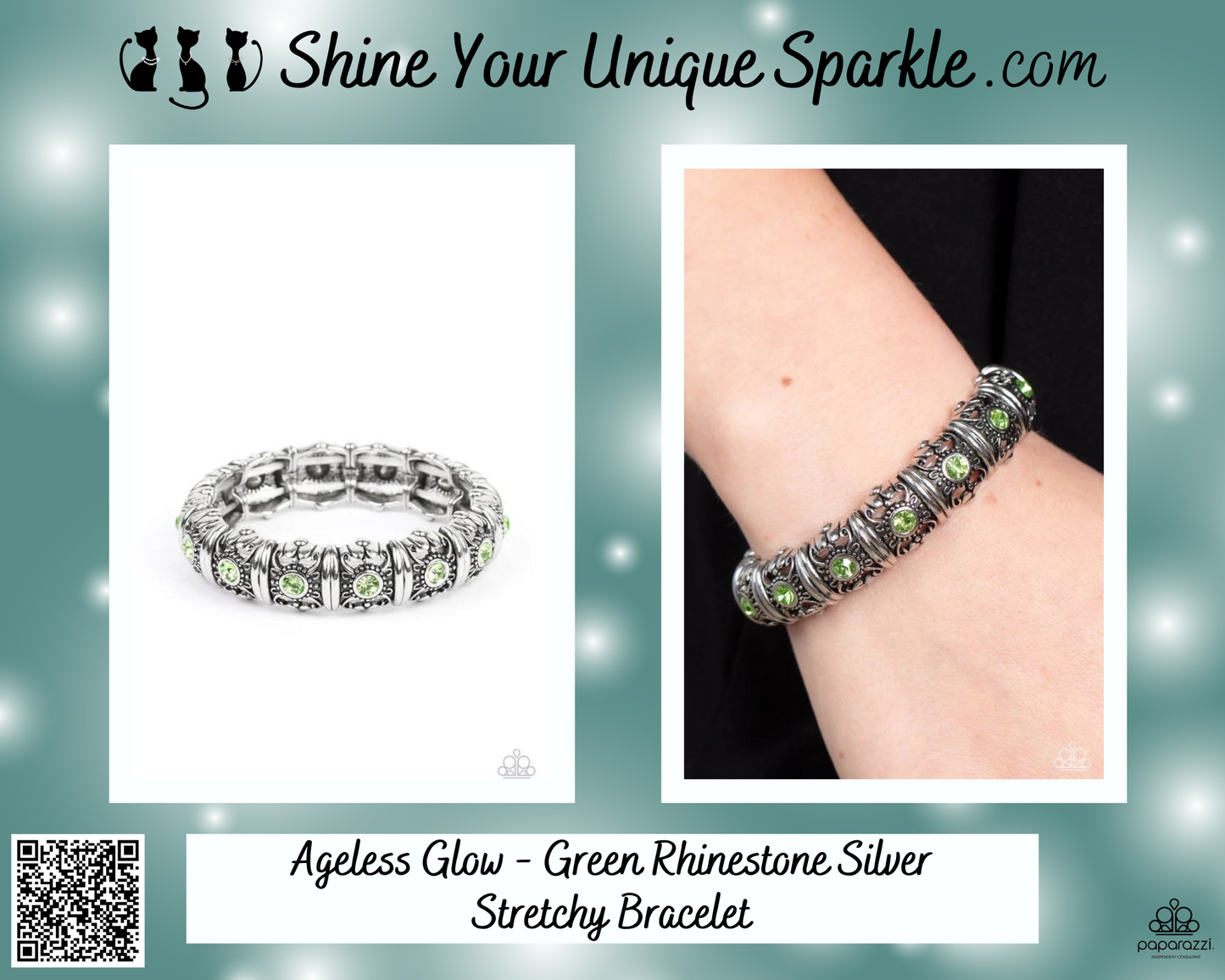 Ageless Glow - Green Rhinestone Silver Stretchy Bracelet