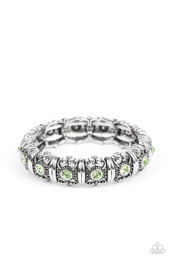 Ageless Glow - Green Rhinestone Silver Stretchy Bracelet