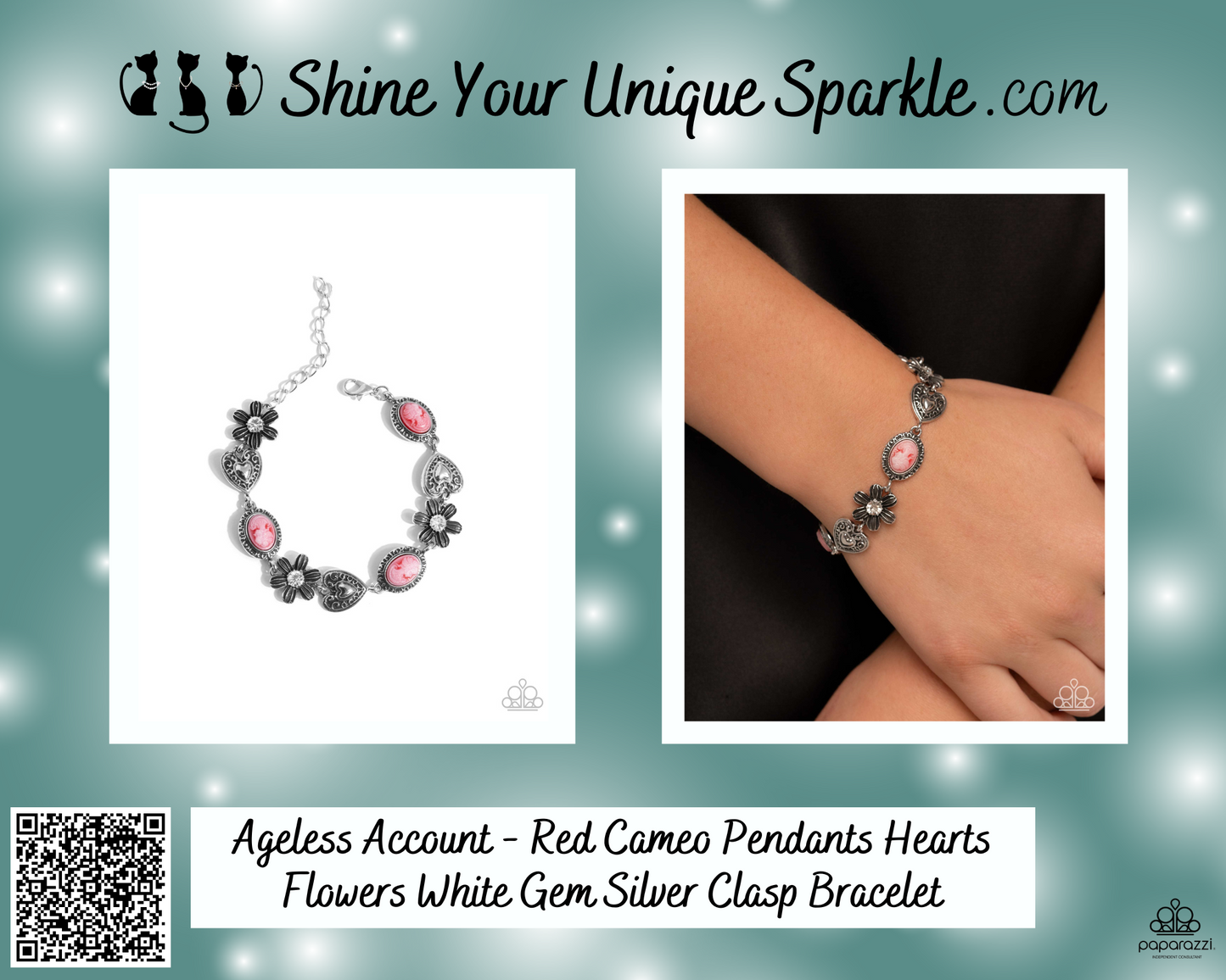 Ageless Account - Red Cameo Pendants Hearts Flowers White Gem Silver Clasp Bracelet