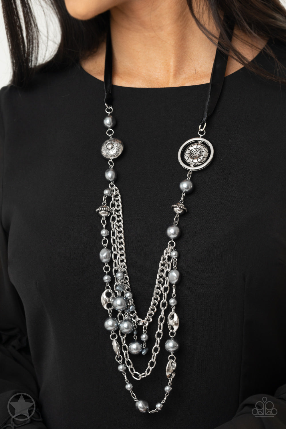 All The Trimmings - Black Ribbon Pearl and Silver Bead Long Necklace - Blockbuster