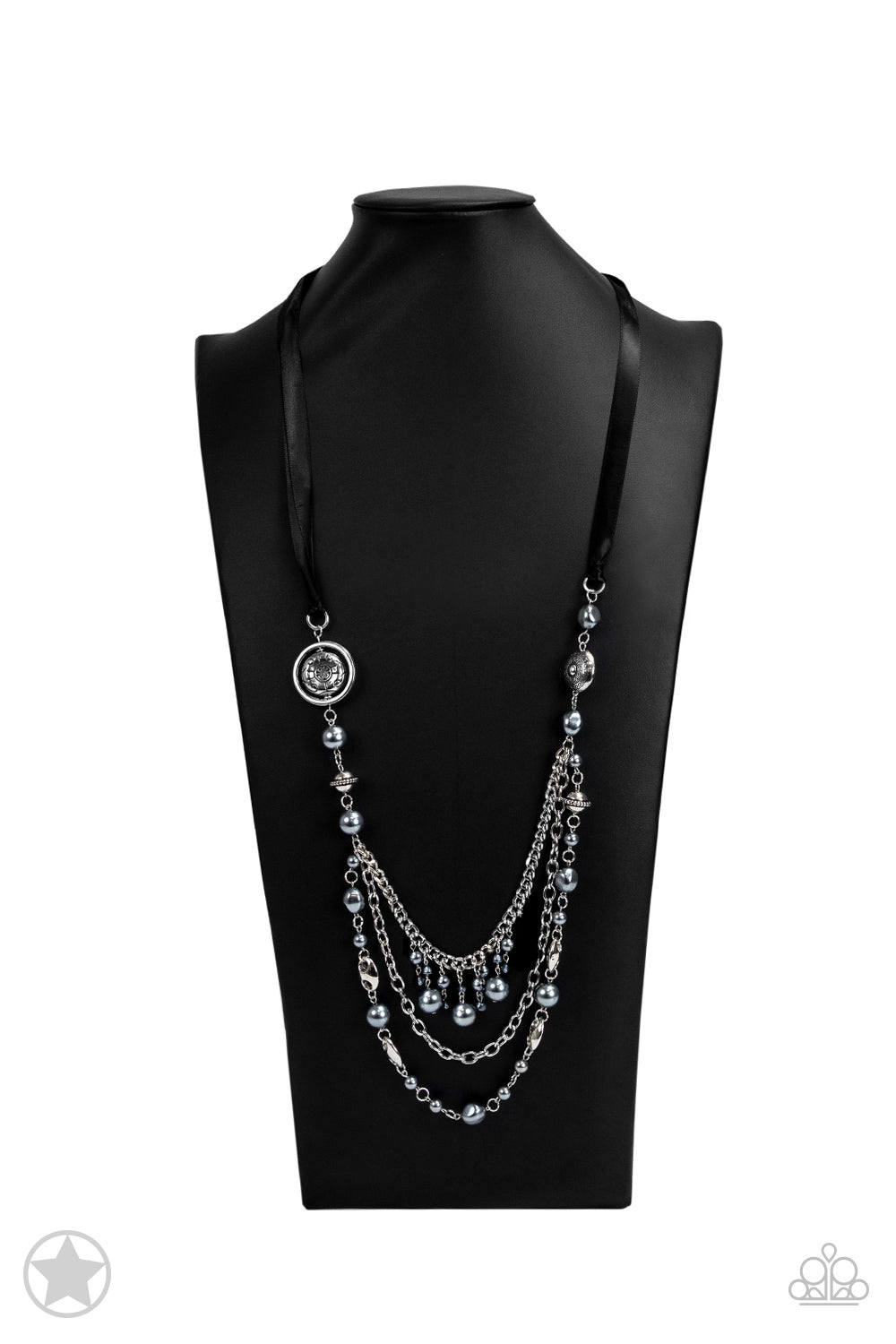 All The Trimmings - Black Ribbon Pearl and Silver Bead Long Necklace - Blockbuster