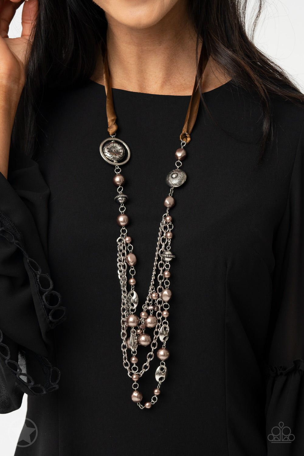 All The Trimmings - Brown Ribbon Pearl and Silver Bead Long Necklace - Blockbuster