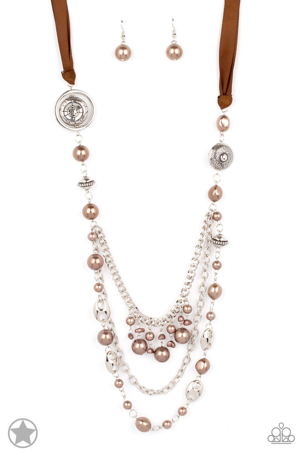 All The Trimmings - Brown Ribbon Pearl and Silver Bead Long Necklace - Blockbuster