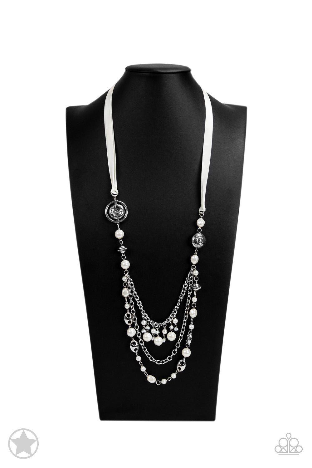 All The Trimmings - Ivory Ribbon Pearl and Silver Bead Long Necklace - Blockbuster