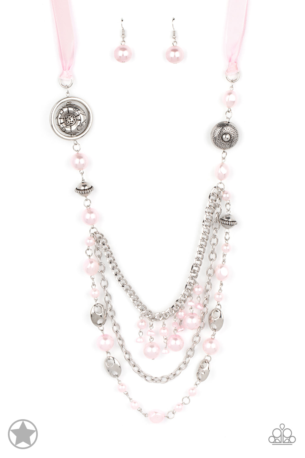 All The Trimmings - Pink Ribbon Pearl and Silver Bead Long Necklace - Blockbuster