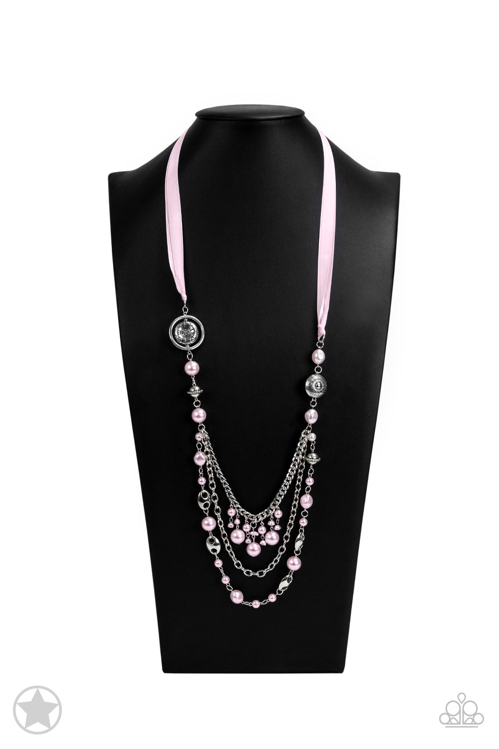 All The Trimmings - Pink Ribbon Pearl and Silver Bead Long Necklace - Blockbuster