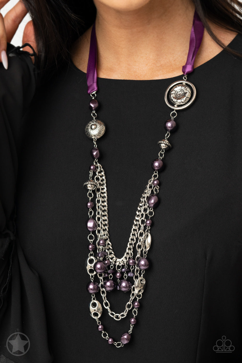 All The Trimmings - Purple Ribbon Pearl and Silver Bead Long Necklace - Blockbuster