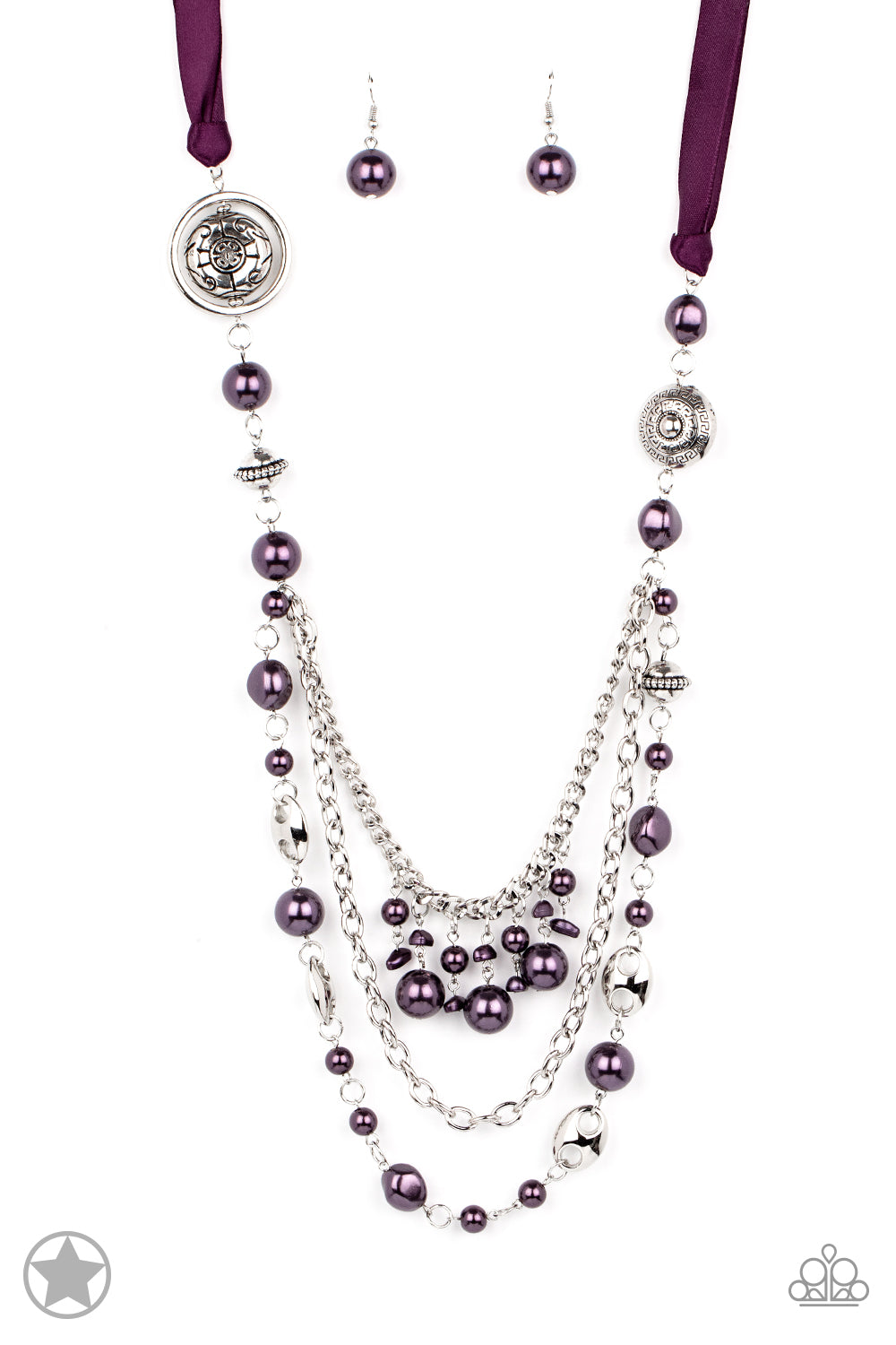 All The Trimmings - Purple Ribbon Pearl and Silver Bead Long Necklace - Blockbuster