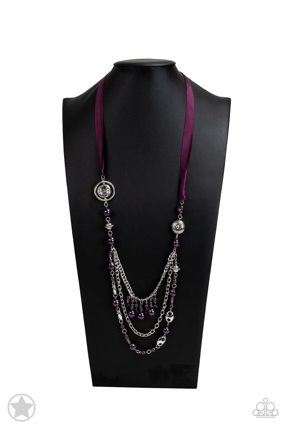 All The Trimmings - Purple Ribbon Pearl and Silver Bead Long Necklace - Blockbuster