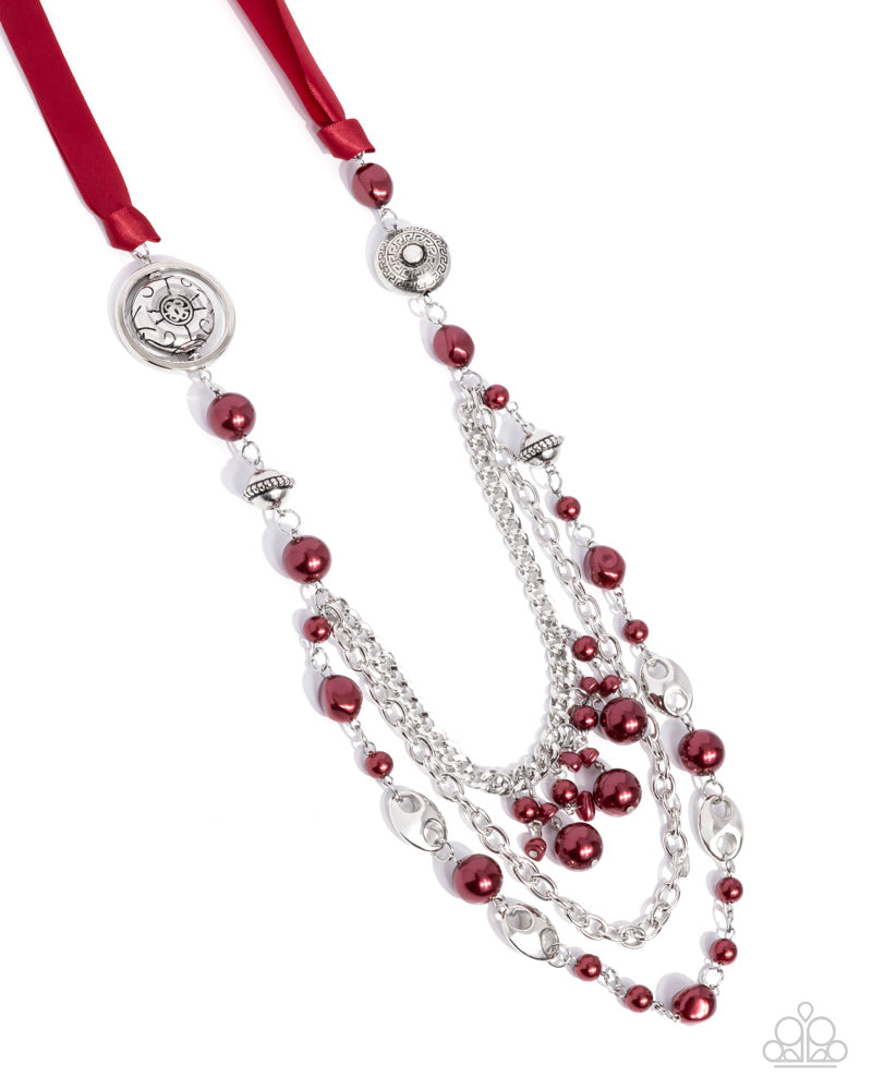 All The Trimmings - Red Ribbon Pearl and Silver Bead Long Necklace - Blockbuster, RETIRED