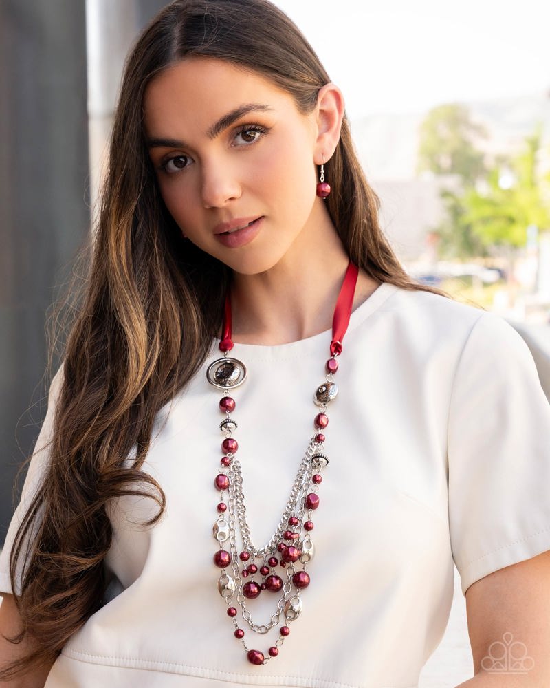 All The Trimmings - Red Ribbon Pearl and Silver Bead Long Necklace - Blockbuster, RETIRED