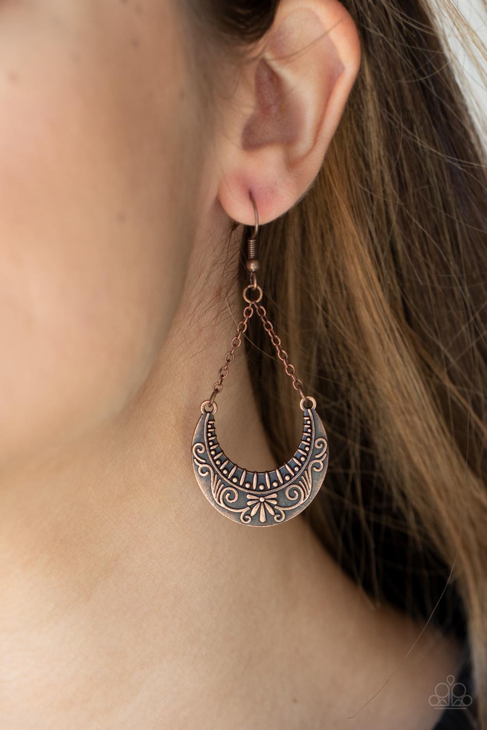 PERFECT MATCH / SET: Bull In A China Shop - Copper Crescent Short Necklace AND All in the PASTURE - Copper Floral Crescent Fishhook Earrings