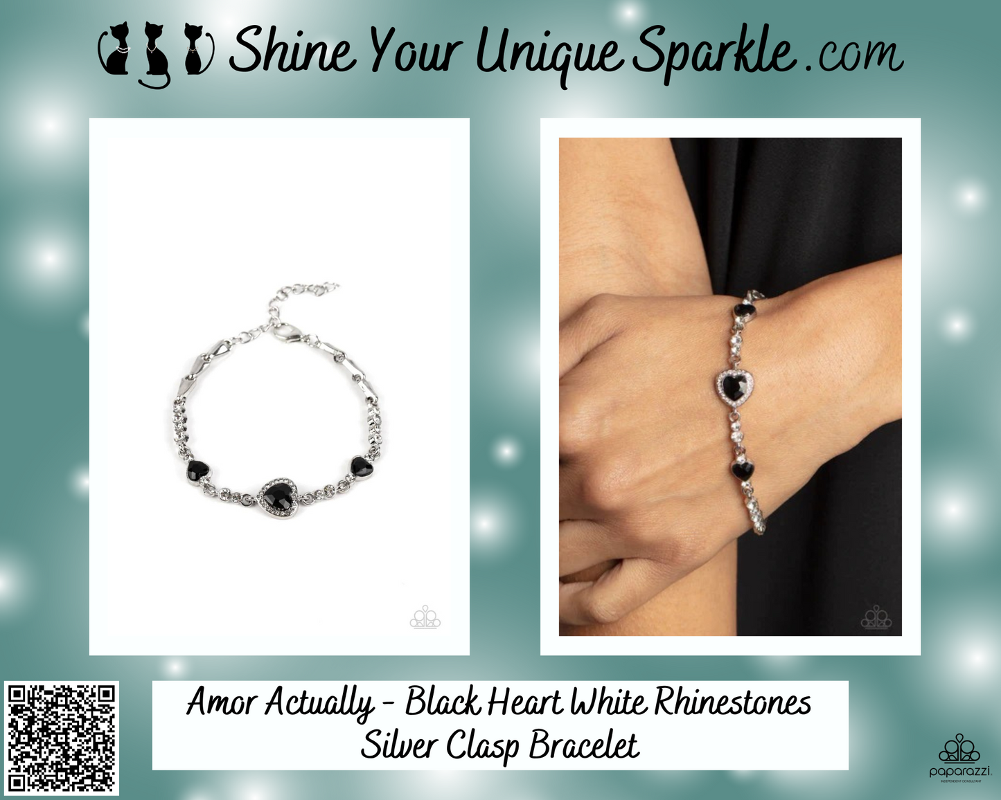 Amor Actually - Black Heart White Rhinestones Silver Clasp Bracelet