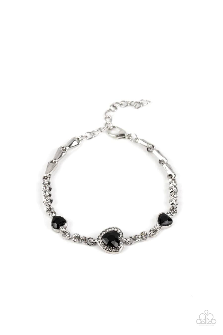 Amor Actually - Black Heart White Rhinestones Silver Clasp Bracelet