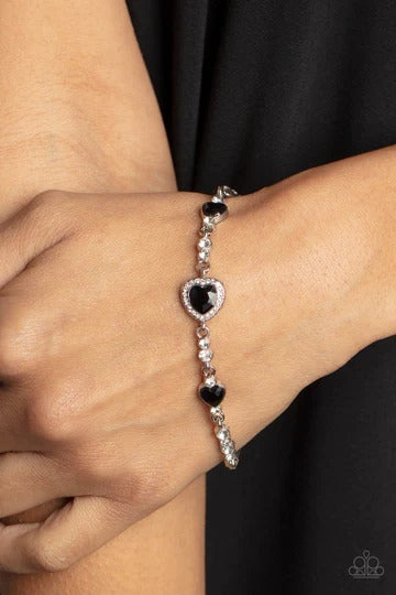 Amor Actually - Black Heart White Rhinestones Silver Clasp Bracelet