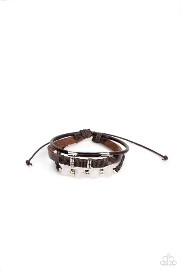 Amplified Aloha - White Stone Brown Leather Slide Pull Cord Bracelet
