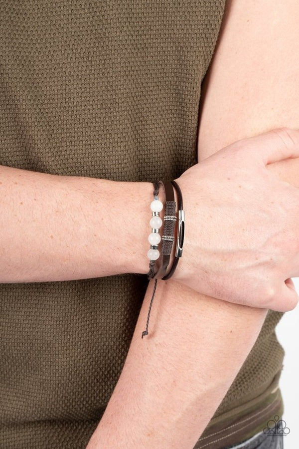 Amplified Aloha - White Stone Brown Leather Slide Pull Cord Bracelet