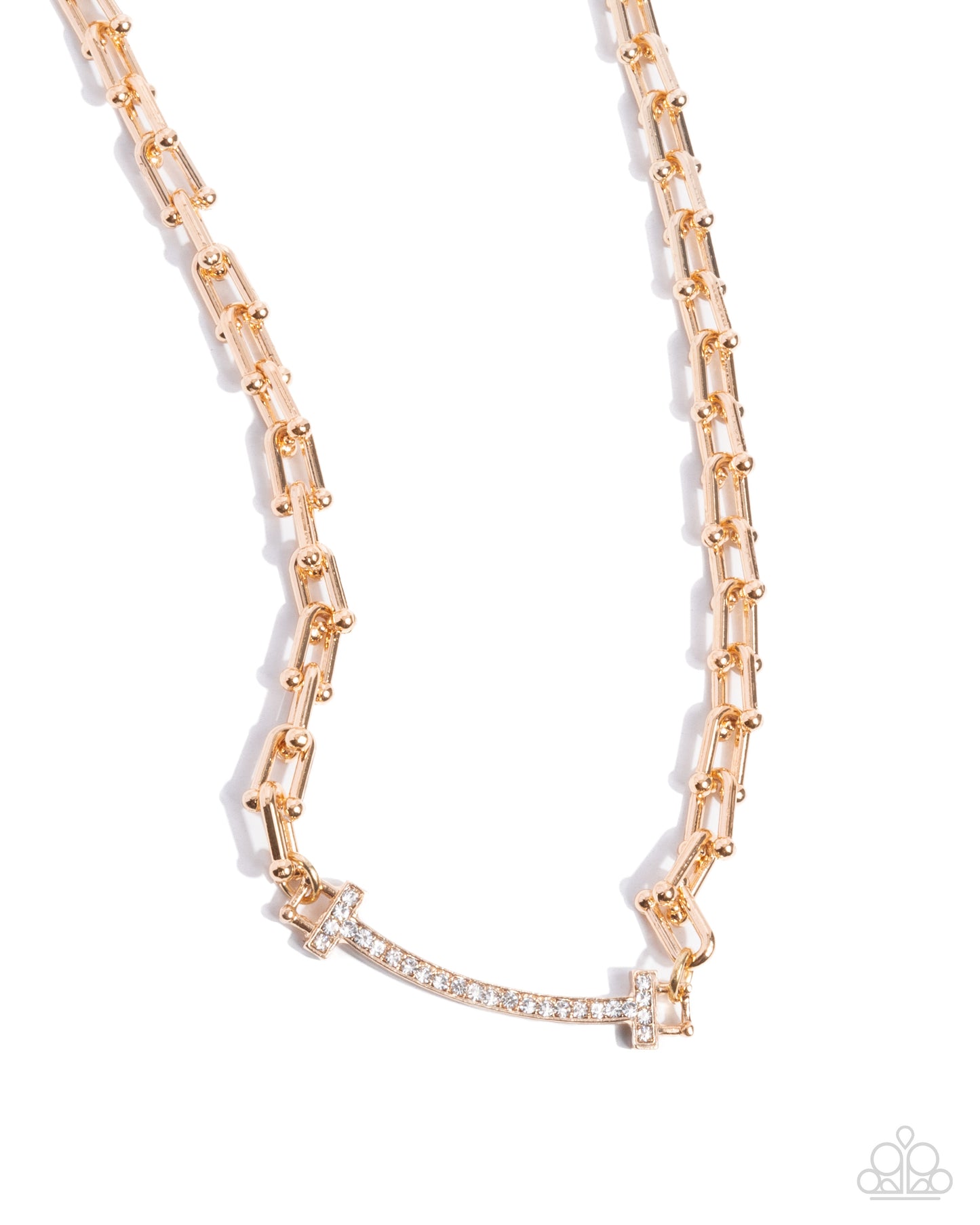 Anchored Actress - Gold White Rhinestone Bar Short Necklace