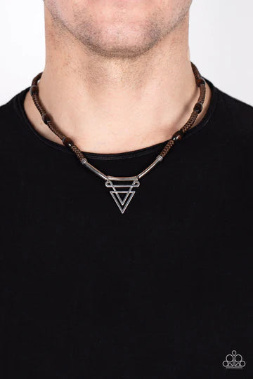 Arrowed Admiral - Brown Cord Silver Triangle Urban Necklace