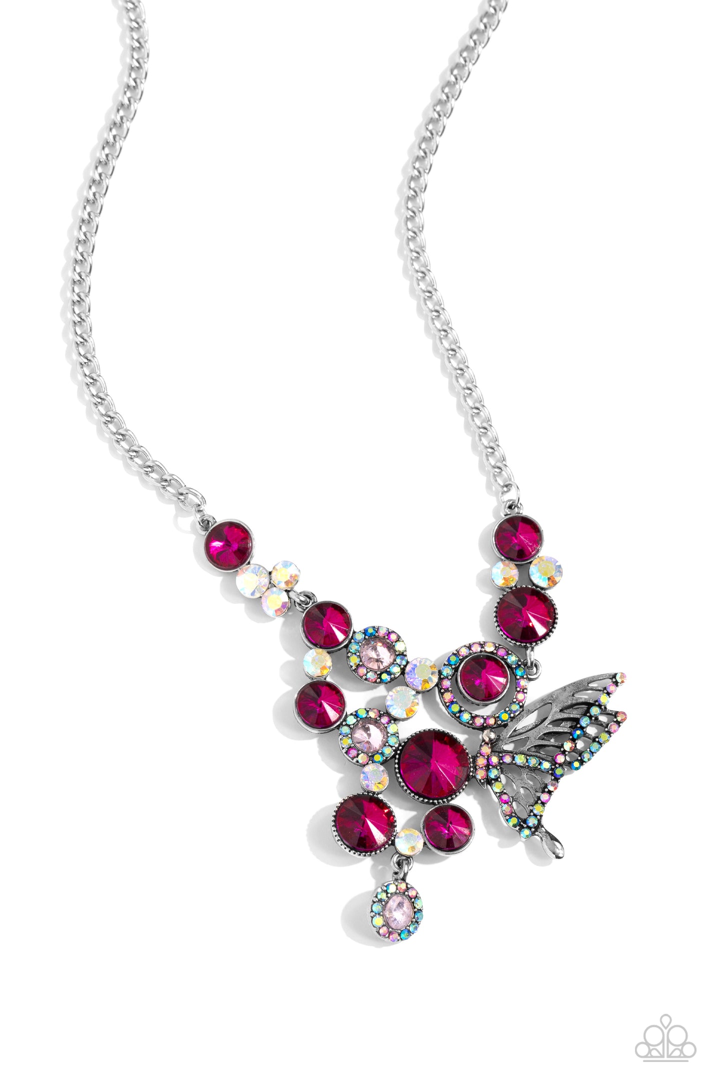 As Luck Would HALF It - Dark Pink and Blue Iridescent Gem Silver Butterfly Short Necklace