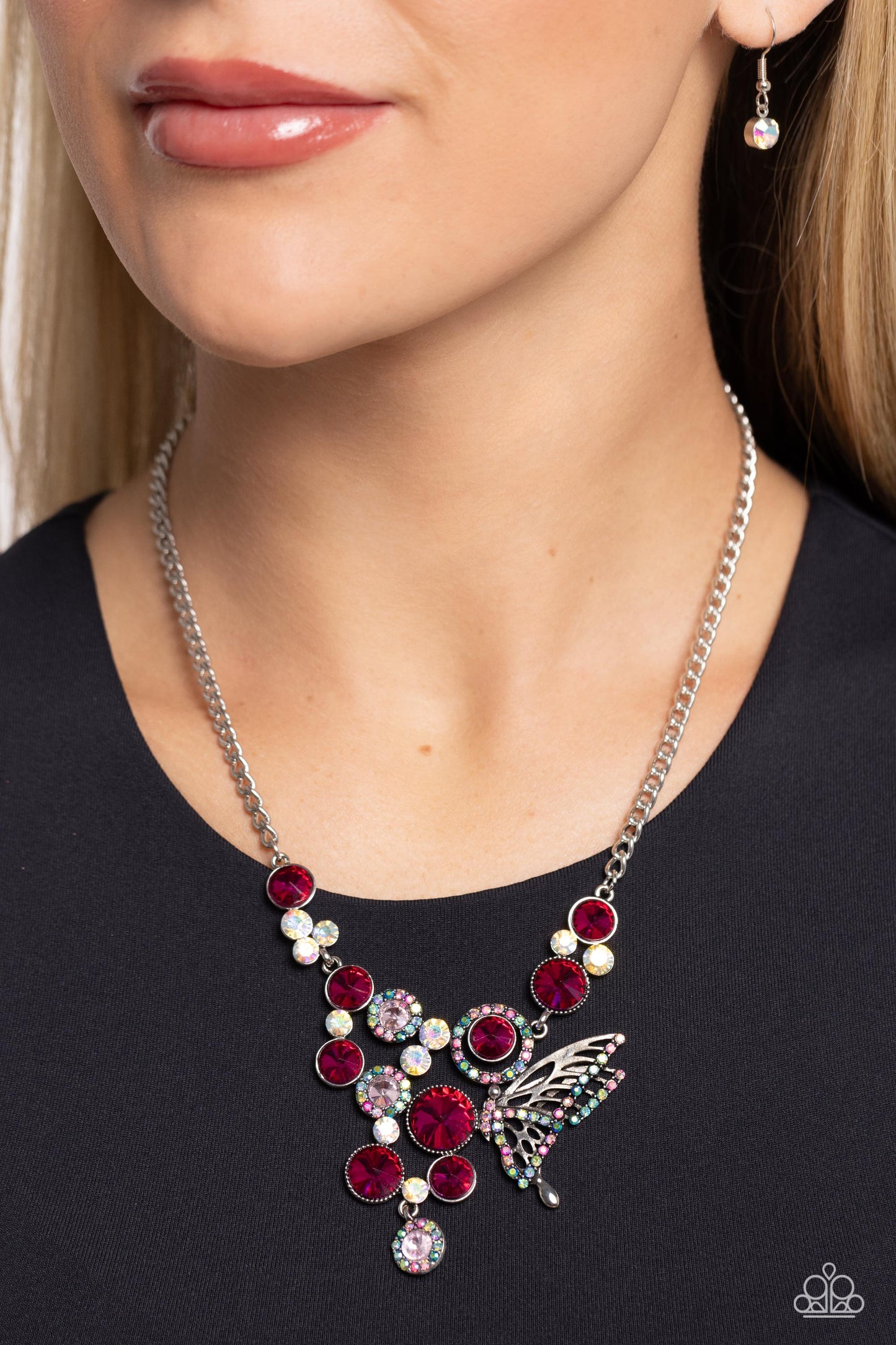 As Luck Would HALF It - Dark Pink and Blue Iridescent Gem Silver Butterfly Short Necklace