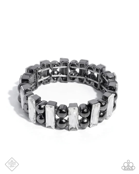 Assertive Admiration - Black Gunmetal White Gem Stretchy Bracelet - Fashion Fix