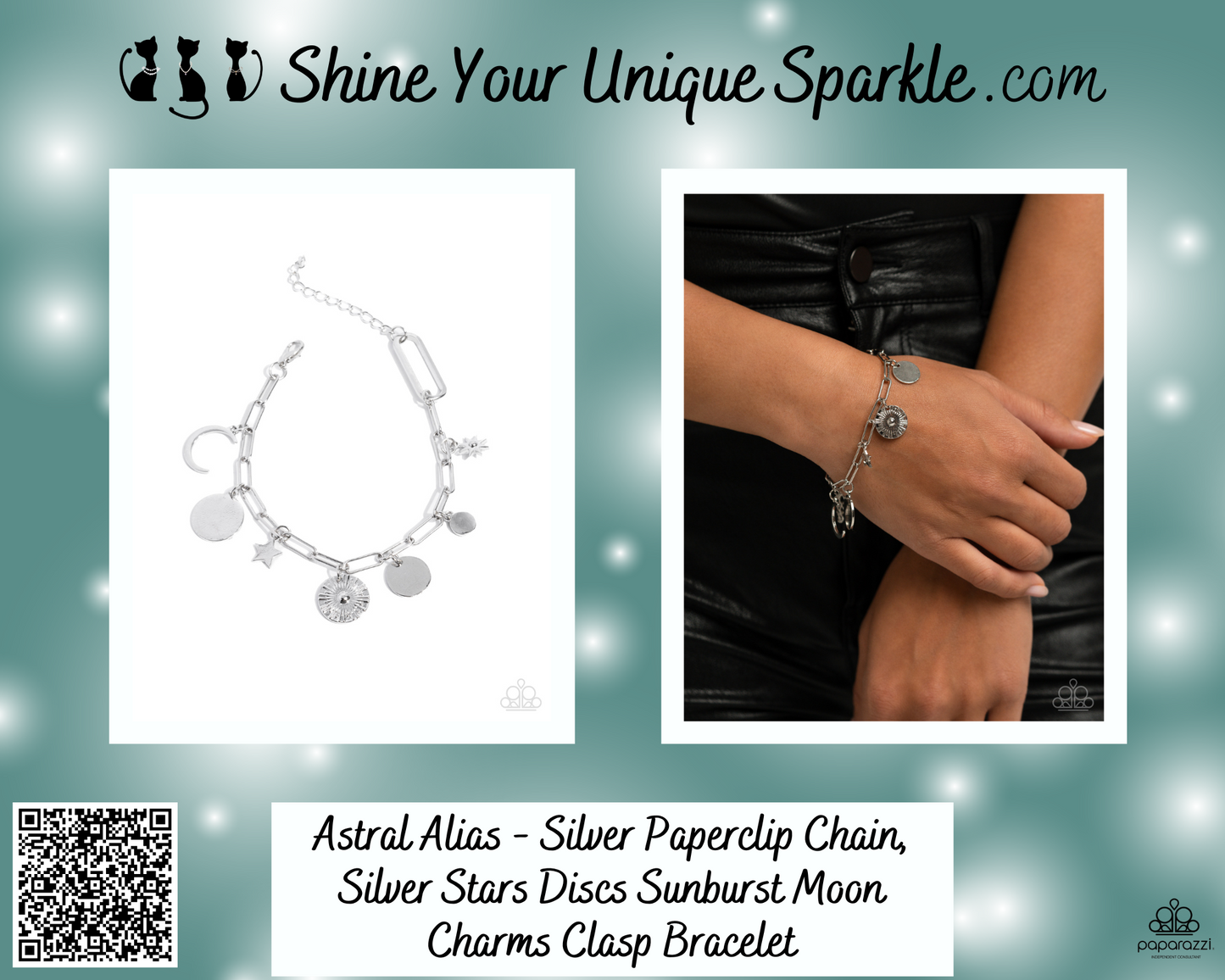 Astral Alias - Silver Paperclip Chain, Silver Stars Discs Sunburst Moon Charms Clasp Bracelet