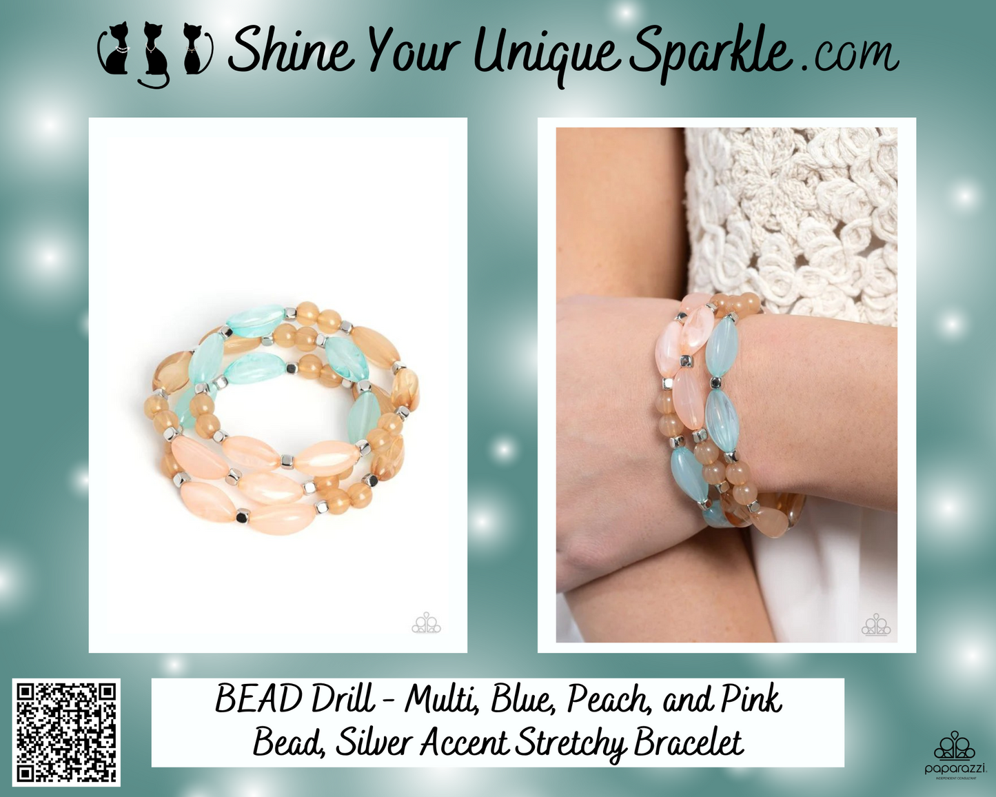 BEAD Drill - Multi, Blue, Peach, and Pink Bead, Silver Accent Stretchy Bracelet