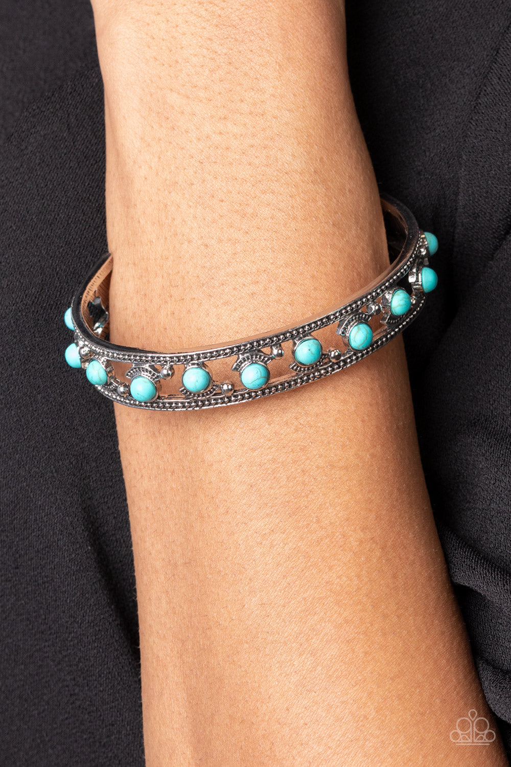 Badlands Bliss - Blue Turquoise Stone Studded Silver Cuff Bracelet