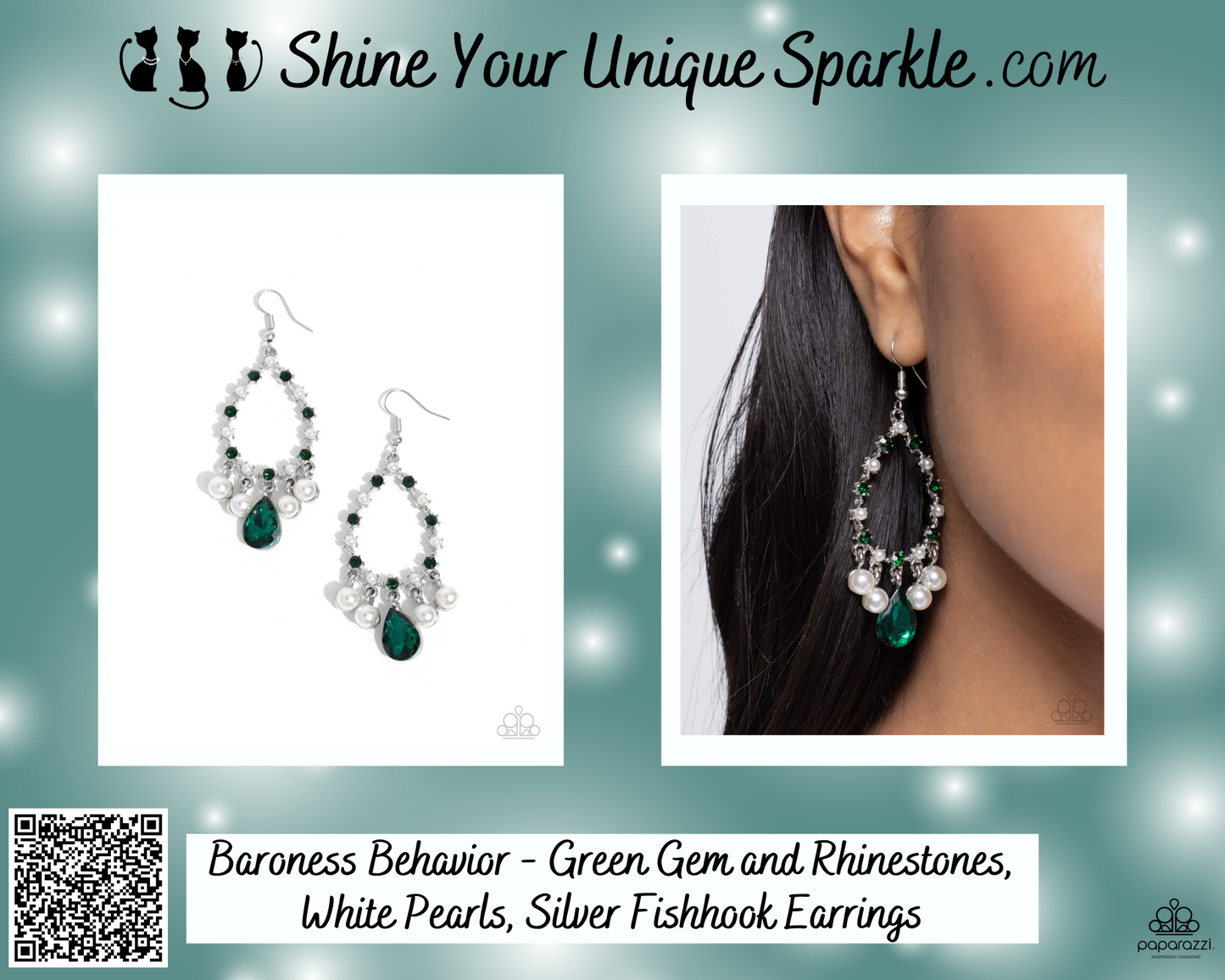 Baroness Behavior - Green Gem and Rhinestones, White Pearls, Silver Fishhook Earrings